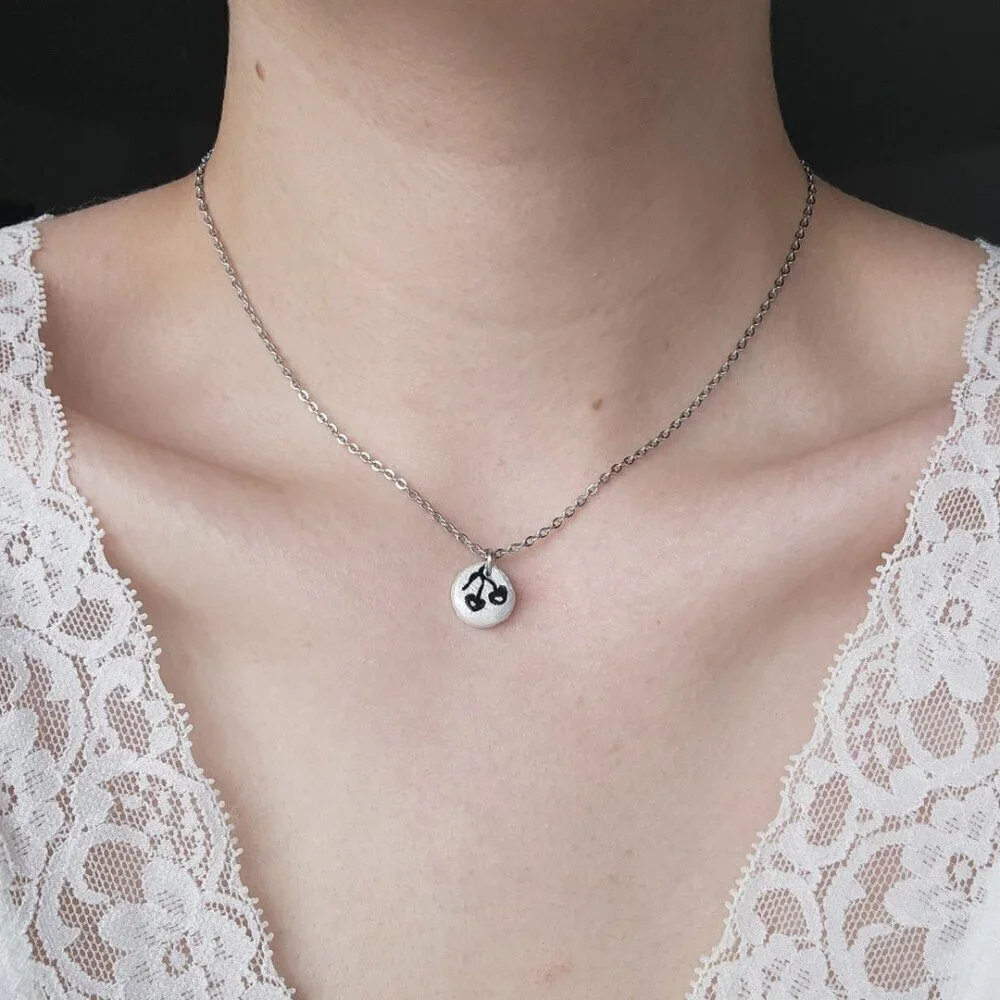 Dainty mini black cherry necklace with a small silver chain - Picture 4 of 14